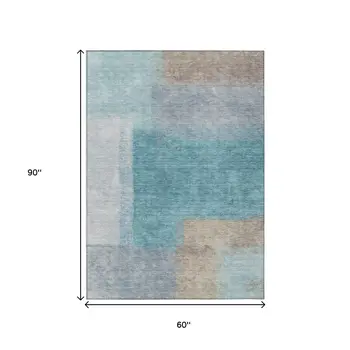 5' X 8' Teal Blue Ivory And Gray Abstract Washable Indoor Outdoor Area Rug