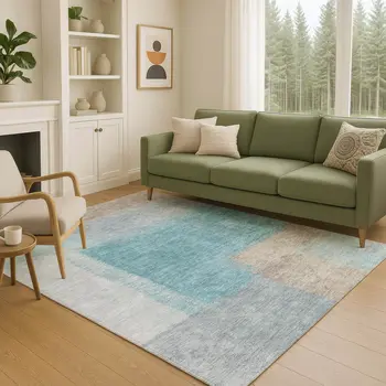 5' X 8' Teal Blue Ivory And Gray Abstract Washable Indoor Outdoor Area Rug
