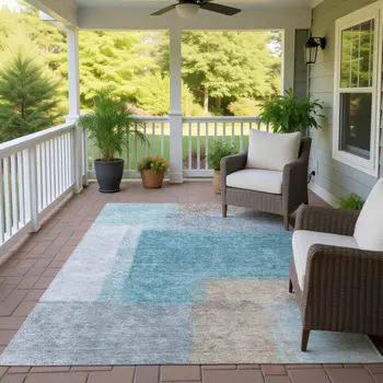 5' X 8' Teal Blue Ivory And Gray Abstract Washable Indoor Outdoor Area Rug