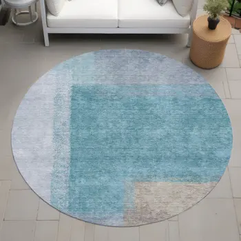 8' Teal Blue Ivory And Gray Round Abstract Washable Indoor Outdoor Area Rug