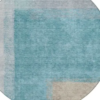8' Teal Blue Ivory And Gray Round Abstract Washable Indoor Outdoor Area Rug