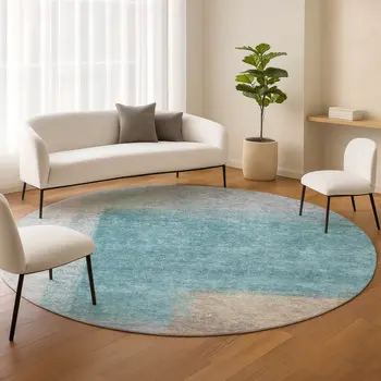 8' Teal Blue Ivory And Gray Round Abstract Washable Indoor Outdoor Area Rug