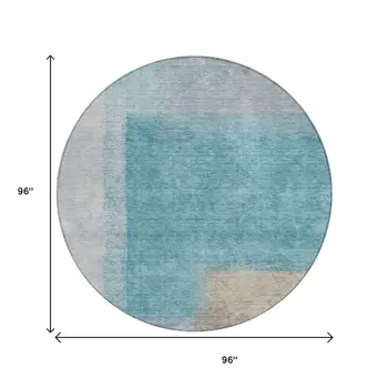 8' Teal Blue Ivory And Gray Round Abstract Washable Indoor Outdoor Area Rug