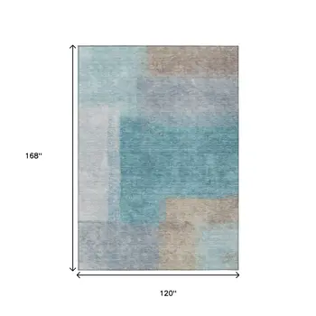 10' X 14' Teal Blue Ivory And Gray Abstract Washable Indoor Outdoor Area Rug
