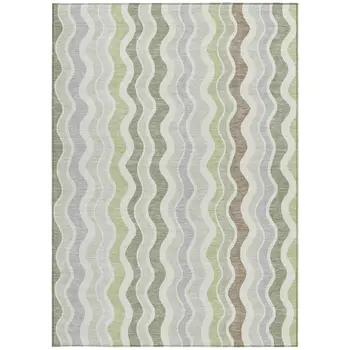 3' X 5' Artichoke Green Ivory And Brown Striped Washable Indoor Outdoor Area Rug