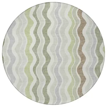 8' Artichoke Green Ivory And Brown Round Striped Washable Indoor Outdoor Area Rug