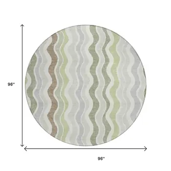 8' Artichoke Green Ivory And Brown Round Striped Washable Indoor Outdoor Area Rug