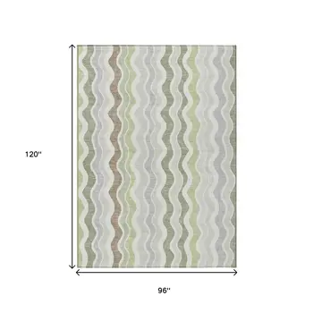 8' X 10' Artichoke Green Ivory And Brown Striped Washable Indoor Outdoor Area Rug