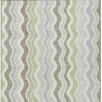 9' X 12' Artichoke Green Ivory And Brown Striped Washable Indoor Outdoor Area Rug