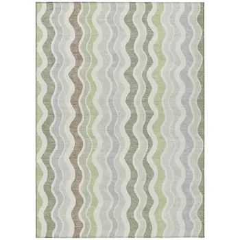 9' X 12' Artichoke Green Ivory And Brown Striped Washable Indoor Outdoor Area Rug