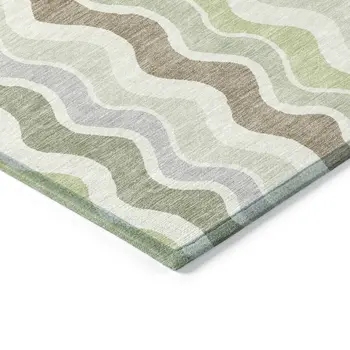 9' X 12' Artichoke Green Ivory And Brown Striped Washable Indoor Outdoor Area Rug