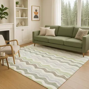 9' X 12' Artichoke Green Ivory And Brown Striped Washable Indoor Outdoor Area Rug