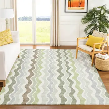 9' X 12' Artichoke Green Ivory And Brown Striped Washable Indoor Outdoor Area Rug