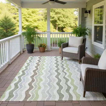 9' X 12' Artichoke Green Ivory And Brown Striped Washable Indoor Outdoor Area Rug