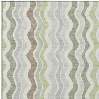 10' X 14' Artichoke Green Ivory And Brown Striped Washable Indoor Outdoor Area Rug
