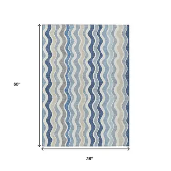 3' X 5' Blue Khaki And Ivory Striped Washable Indoor Outdoor Area Rug