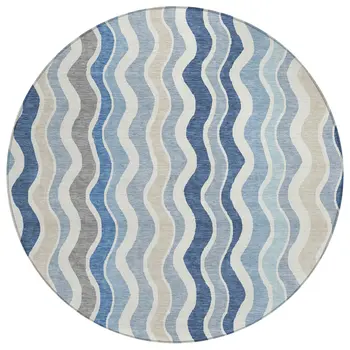8' Blue Khaki And Ivory Round Striped Washable Indoor Outdoor Area Rug