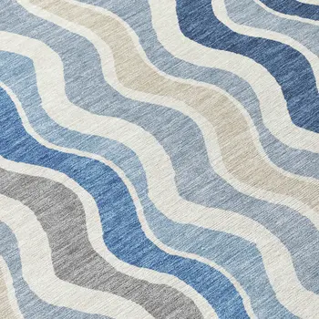8' Blue Khaki And Ivory Round Striped Washable Indoor Outdoor Area Rug