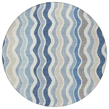 8' Blue Khaki And Ivory Round Striped Washable Indoor Outdoor Area Rug