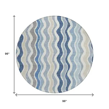 8' Blue Khaki And Ivory Round Striped Washable Indoor Outdoor Area Rug