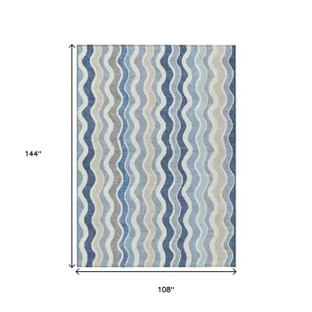 9' X 12' Blue Khaki And Ivory Striped Washable Indoor Outdoor Area Rug