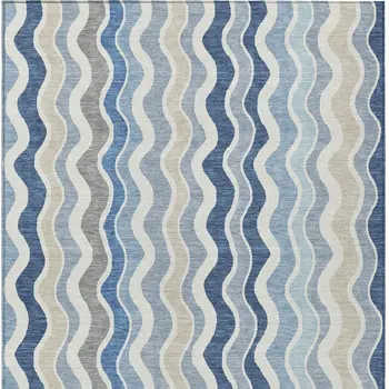 10' X 14' Blue Khaki And Ivory Striped Washable Indoor Outdoor Area Rug