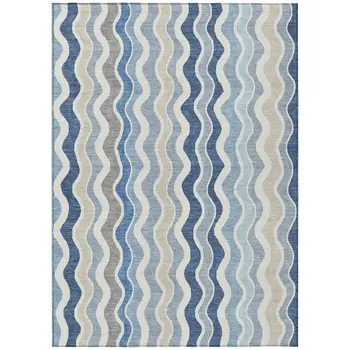 10' X 14' Blue Khaki And Ivory Striped Washable Indoor Outdoor Area Rug