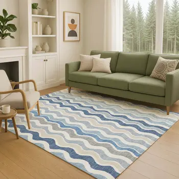 10' X 14' Blue Khaki And Ivory Striped Washable Indoor Outdoor Area Rug