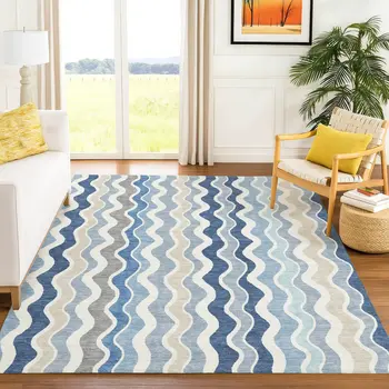 10' X 14' Blue Khaki And Ivory Striped Washable Indoor Outdoor Area Rug