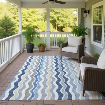 10' X 14' Blue Khaki And Ivory Striped Washable Indoor Outdoor Area Rug