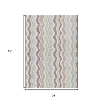 3' X 5' Blush Ivory And Taupe Striped Washable Indoor Outdoor Area Rug