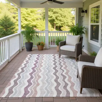 3' X 5' Blush Ivory And Taupe Striped Washable Indoor Outdoor Area Rug