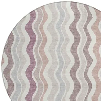 8' Blush Ivory And Taupe Round Striped Washable Indoor Outdoor Area Rug