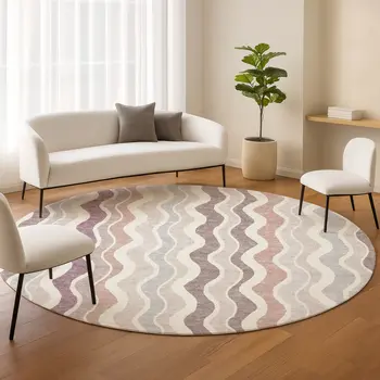 8' Blush Ivory And Taupe Round Striped Washable Indoor Outdoor Area Rug