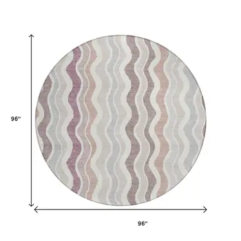 8' Blush Ivory And Taupe Round Striped Washable Indoor Outdoor Area Rug