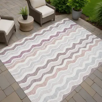 9' X 12' Blush Ivory And Taupe Striped Washable Indoor Outdoor Area Rug