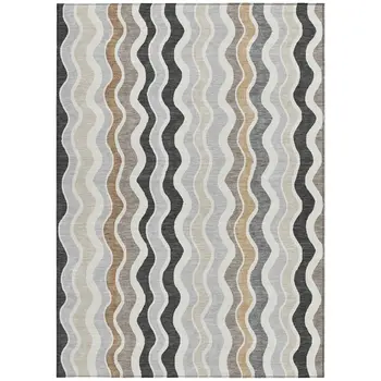 5' X 8' Charcoal Ivory And Gray Striped Washable Indoor Outdoor Area Rug