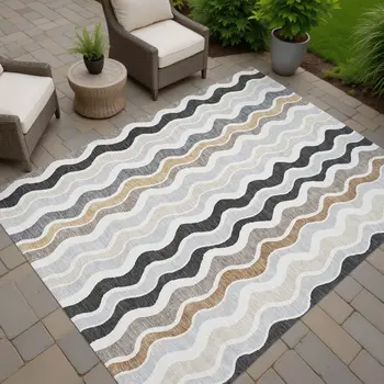 5' X 8' Charcoal Ivory And Gray Striped Washable Indoor Outdoor Area Rug