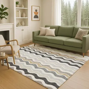 5' X 8' Charcoal Ivory And Gray Striped Washable Indoor Outdoor Area Rug