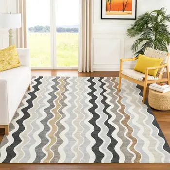 5' X 8' Charcoal Ivory And Gray Striped Washable Indoor Outdoor Area Rug