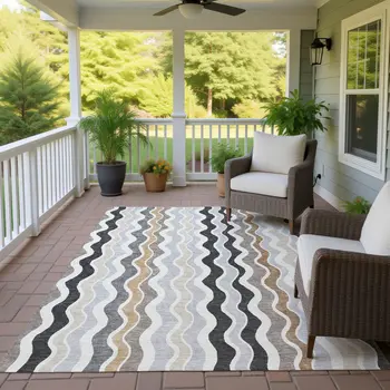 5' X 8' Charcoal Ivory And Gray Striped Washable Indoor Outdoor Area Rug