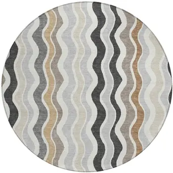 8' Charcoal Ivory And Gray Round Striped Washable Indoor Outdoor Area Rug