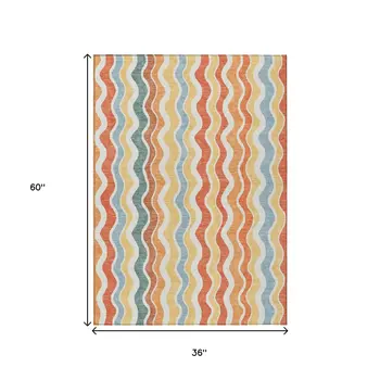 3' X 5' Coral Ivory And Gold Striped Washable Indoor Outdoor Area Rug