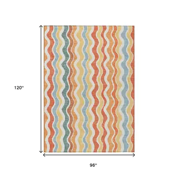 8' X 10' Coral Ivory And Gold Striped Washable Indoor Outdoor Area Rug