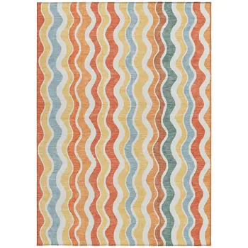 9' X 12' Coral Ivory And Gold Striped Washable Indoor Outdoor Area Rug
