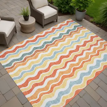 9' X 12' Coral Ivory And Gold Striped Washable Indoor Outdoor Area Rug