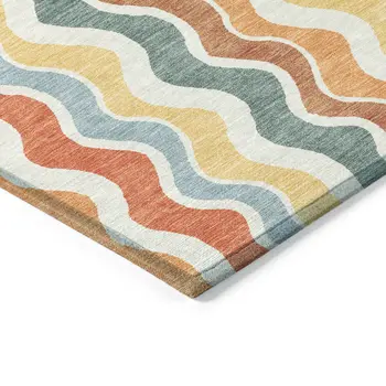 9' X 12' Coral Ivory And Gold Striped Washable Indoor Outdoor Area Rug