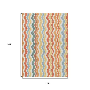 9' X 12' Coral Ivory And Gold Striped Washable Indoor Outdoor Area Rug