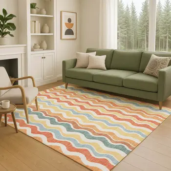 9' X 12' Coral Ivory And Gold Striped Washable Indoor Outdoor Area Rug