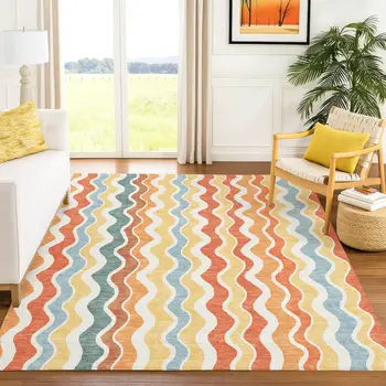 9' X 12' Coral Ivory And Gold Striped Washable Indoor Outdoor Area Rug
